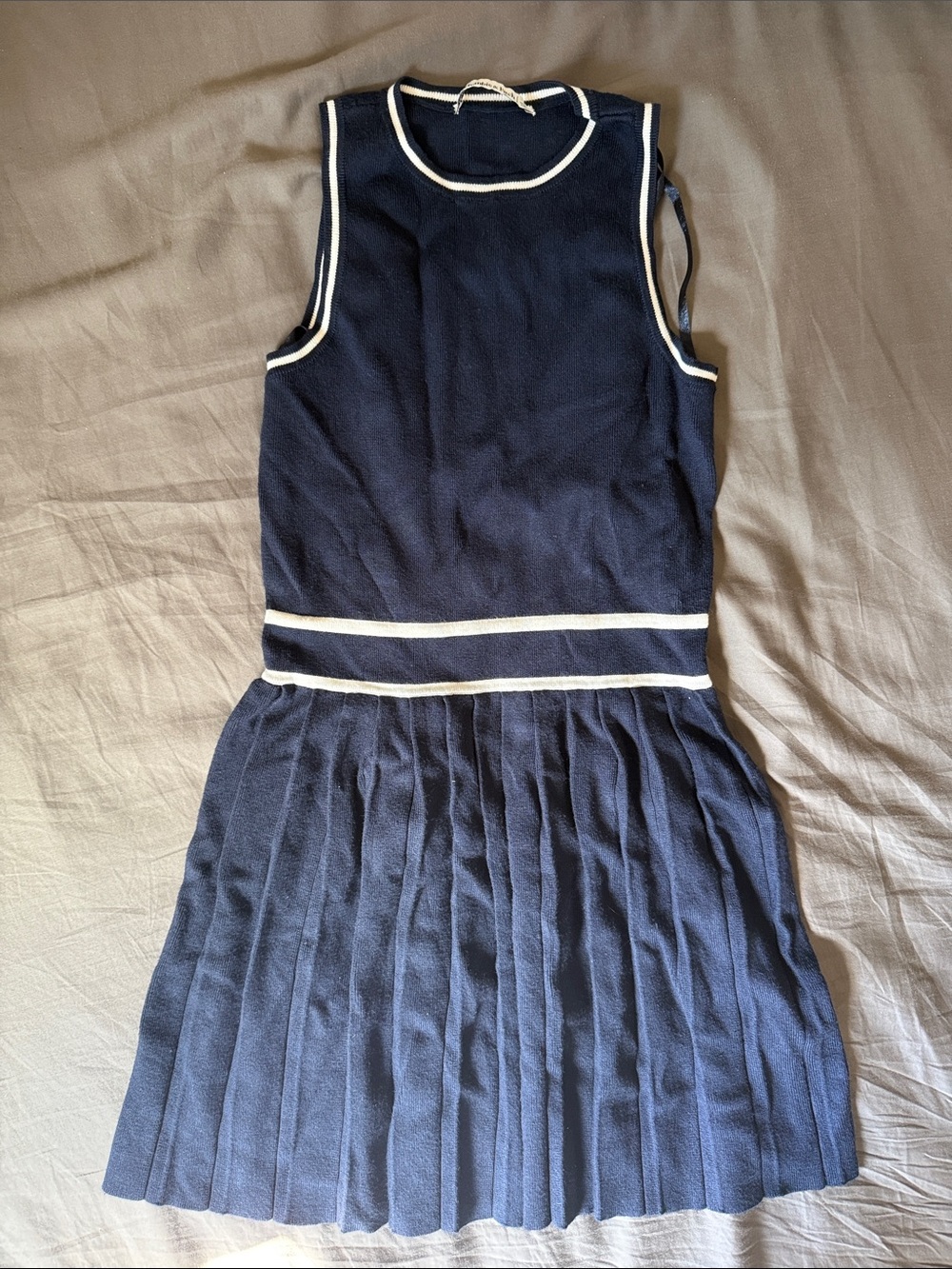Abercrombie & Fitch Navy Knit Pleated Dress with Cream Trim